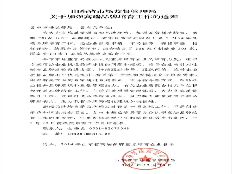 公司成功入选2024年度山东省高端品牌培育企业名单